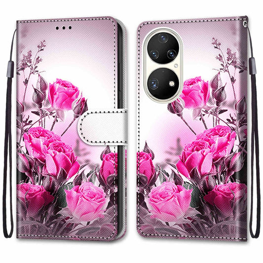 For Huawei P50 Pro Coloured Drawing Cross Texture Horizontal Flip PU Leather Case with Holder & Card Slots & Wallet & Lanyard(Wild Rose) by buy2fix
