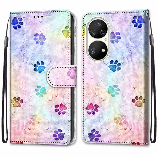 For Huawei P50 Pro Coloured Drawing Cross Texture Horizontal Flip PU Leather Case with Holder & Card Slots & Wallet & Lanyard(Footprint Water Drops) by buy2fix
