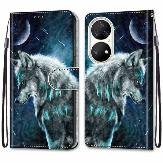 For Huawei P50 Pro Coloured Drawing Cross Texture Horizontal Flip PU Leather Case with Holder & Card Slots & Wallet & Lanyard(Pensive Wolf) by buy2fix