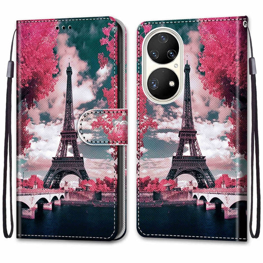 For Huawei P50 Pro Coloured Drawing Cross Texture Horizontal Flip PU Leather Case with Holder & Card Slots & Wallet & Lanyard(Pink Flower Tower Bridge) by buy2fix
