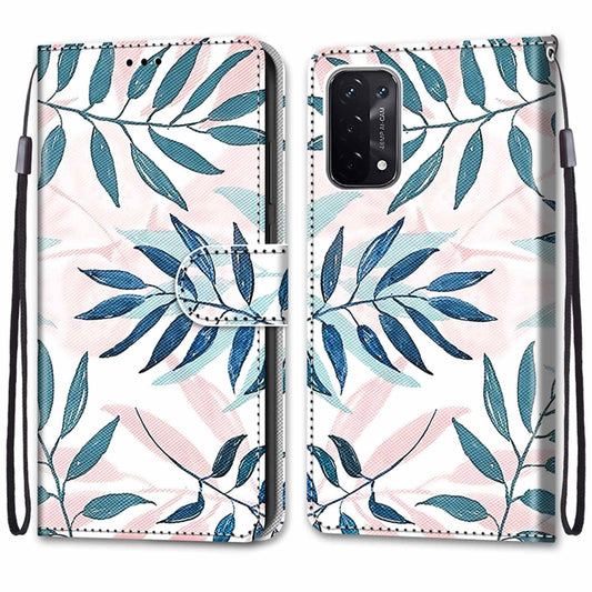 For OPPO A93 5G / A93s 5G / A54 5G / A74 5G Coloured Drawing Cross Texture Horizontal Flip PU Leather Case with Holder & Card Slots & Wallet & Lanyard(Pink Green Leaf) by buy2fix
