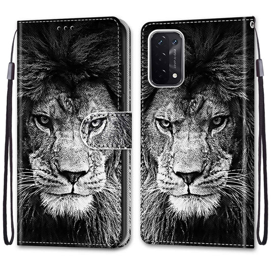 For OPPO A93 5G / A93s 5G / A54 5G / A74 5G Coloured Drawing Cross Texture Horizontal Flip PU Leather Case with Holder & Card Slots & Wallet & Lanyard(Black White Lion Head) by buy2fix