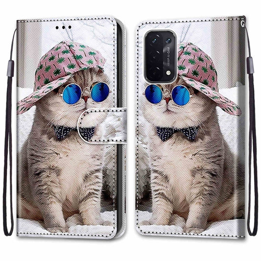 For OPPO A93 5G / A93s 5G / A54 5G / A74 5G Coloured Drawing Cross Texture Horizontal Flip PU Leather Case with Holder & Card Slots & Wallet & Lanyard(Slant Hat Blue Mirror Cat) by buy2fix