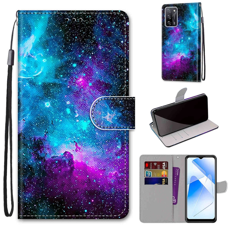 For OPPO A54 4G / A16 4G / A53s 5G / A55 5G Coloured Drawing Cross Texture Horizontal Flip PU Leather Case with Holder & Card Slots & Wallet & Lanyard(Purple Green Starry Sky) by buy2fix
