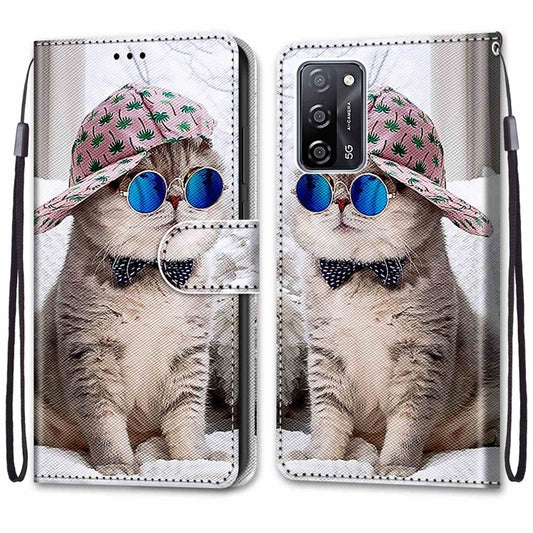 For OPPO A54 4G / A16 4G / A53s 5G / A55 5G Coloured Drawing Cross Texture Horizontal Flip PU Leather Case with Holder & Card Slots & Wallet & Lanyard(Slant Hat Blue Mirror Cat) by buy2fix