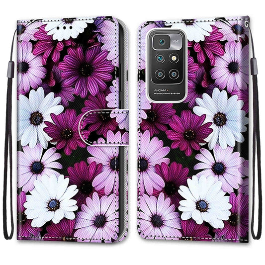 For Xiaomi Redmi 10 Coloured Drawing Cross Texture Horizontal Flip PU Leather Case with Holder & Card Slots & Wallet & Lanyard(Chrysanthemum Pink White Purple) by buy2fix