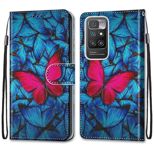 For Xiaomi Redmi 10 Coloured Drawing Cross Texture Horizontal Flip PU Leather Case with Holder & Card Slots & Wallet & Lanyard(Blue Red Butterfly) by buy2fix