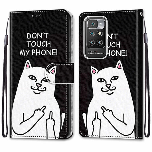 For Xiaomi Redmi 10 Coloured Drawing Cross Texture Horizontal Flip PU Leather Case with Holder & Card Slots & Wallet & Lanyard(Middle Finger White Cat) by buy2fix