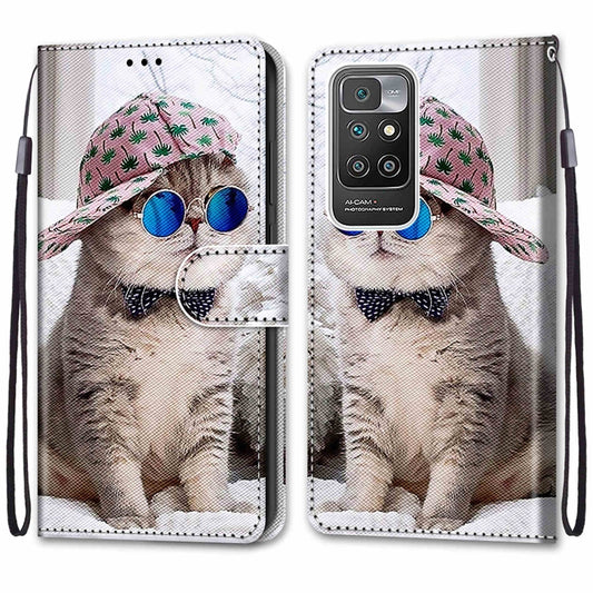 For Xiaomi Redmi 10 Coloured Drawing Cross Texture Horizontal Flip PU Leather Case with Holder & Card Slots & Wallet & Lanyard(Slant Hat Blue Mirror Cat) by buy2fix