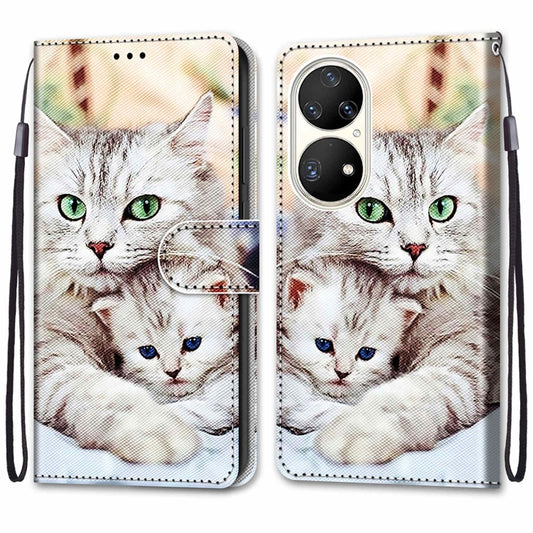 For Huawei P50 Pro Coloured Drawing Cross Texture Horizontal Flip PU Leather Case with Holder & Card Slots & Wallet & Lanyard(Big Cat Holding Kitten) by buy2fix