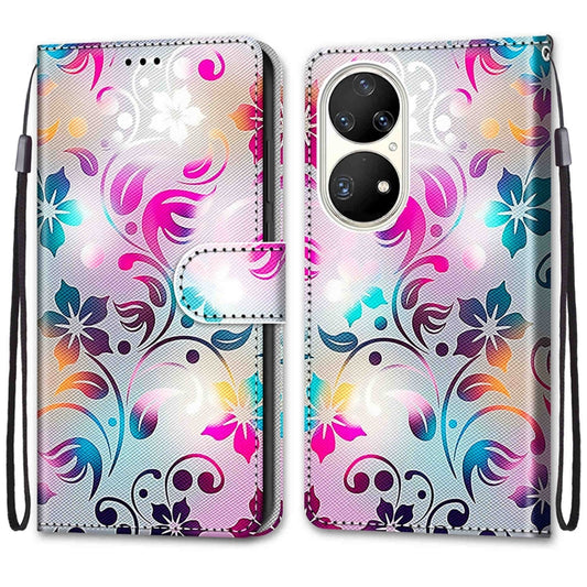 For Huawei P50 Pro Coloured Drawing Cross Texture Horizontal Flip PU Leather Case with Holder & Card Slots & Wallet & Lanyard(Gradient Colorful Flower) by buy2fix