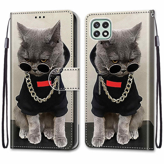 For Samsung Galaxy A22 5G Coloured Drawing Cross Texture Horizontal Flip PU Leather Case with Holder & Card Slots & Wallet & Lanyard(Golden Chain Grey Cat) by buy2fix