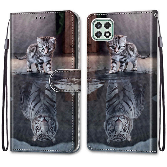 For Samsung Galaxy A22 5G Coloured Drawing Cross Texture Horizontal Flip PU Leather Case with Holder & Card Slots & Wallet & Lanyard(Cat Becomes Tiger) by buy2fix
