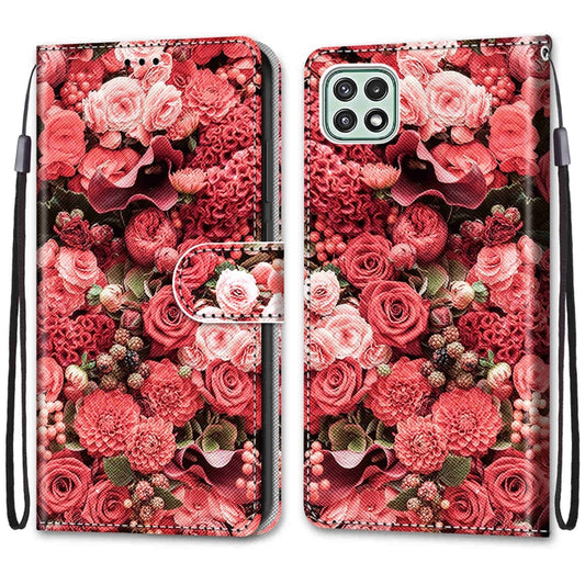 For Samsung Galaxy A22 5G Coloured Drawing Cross Texture Horizontal Flip PU Leather Case with Holder & Card Slots & Wallet & Lanyard(Pink Rose Garden) by buy2fix