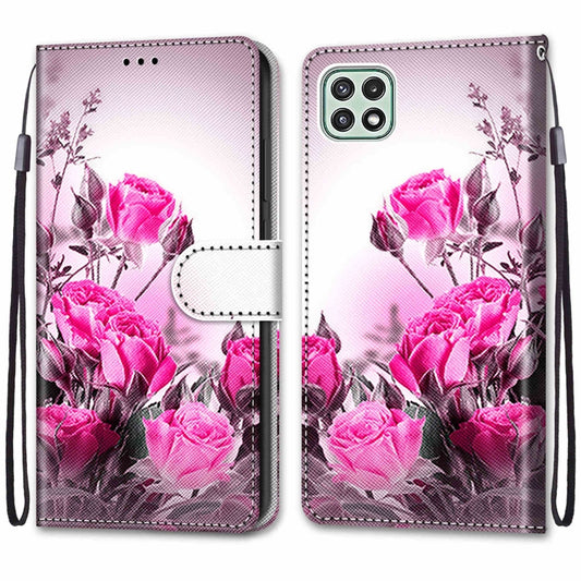 For Samsung Galaxy A22 5G Coloured Drawing Cross Texture Horizontal Flip PU Leather Case with Holder & Card Slots & Wallet & Lanyard(Wild Rose) by buy2fix