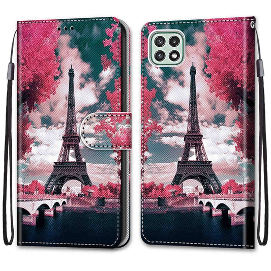 For Samsung Galaxy A22 5G Coloured Drawing Cross Texture Horizontal Flip PU Leather Case with Holder & Card Slots & Wallet & Lanyard(Pink Flower Tower Bridge) by buy2fix