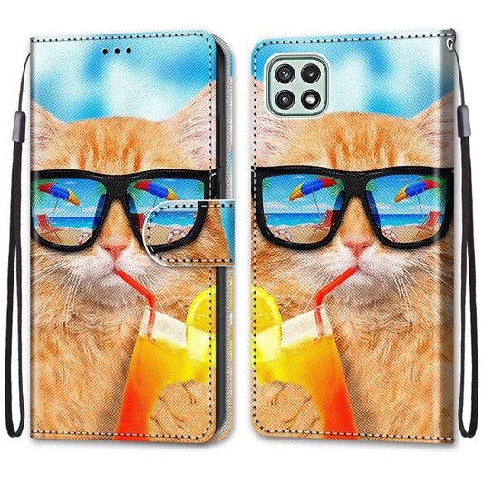 For Samsung Galaxy A22 5G Coloured Drawing Cross Texture Horizontal Flip PU Leather Case with Holder & Card Slots & Wallet & Lanyard(Cat Drinking Soda) by buy2fix