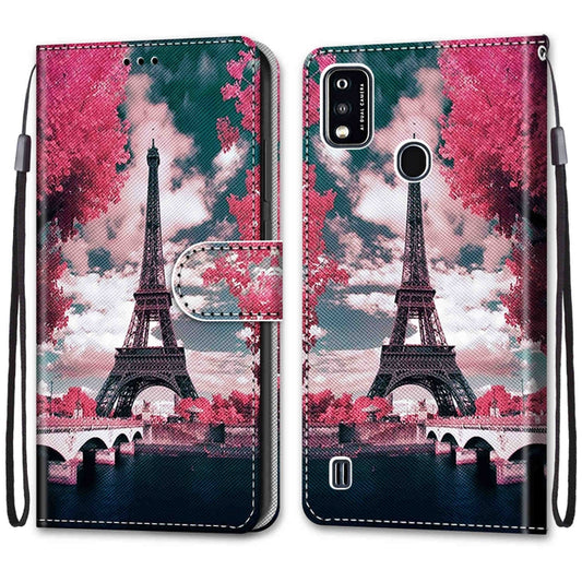 For ZTE Blade A51 Coloured Drawing Cross Texture Horizontal Flip PU Leather Case with Holder & Card Slots & Wallet & Lanyard(Pink Flower Tower Bridge) by buy2fix