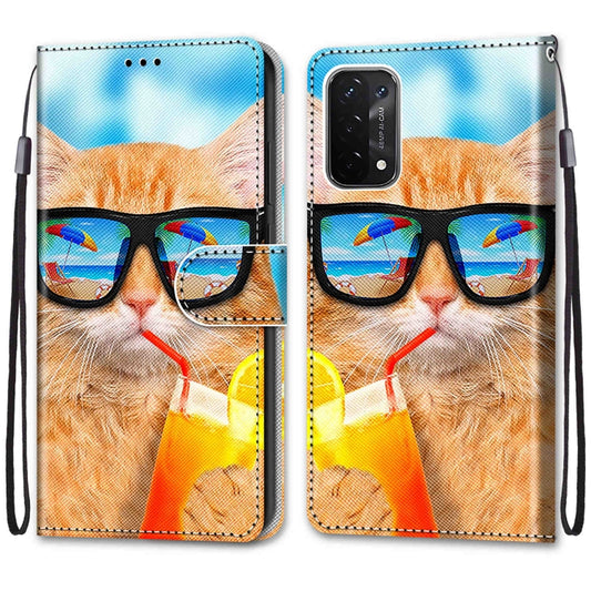 For OPPO A54 5G / A74 5G / A93 5G / A93s 5G Coloured Drawing Cross Texture Horizontal Flip PU Leather Case with Holder & Card Slots & Wallet & Lanyard(Cat Drinking Soda) by buy2fix