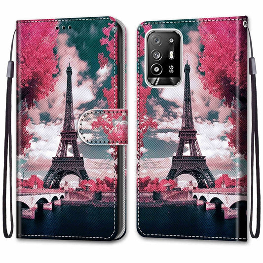 For OPPO F19 Pro+ 5G / A94 5G / A95 5G Coloured Drawing Cross Texture Horizontal Flip PU Leather Case with Holder & Card Slots & Wallet & Lanyard(Pink Flower Tower Bridge) by buy2fix