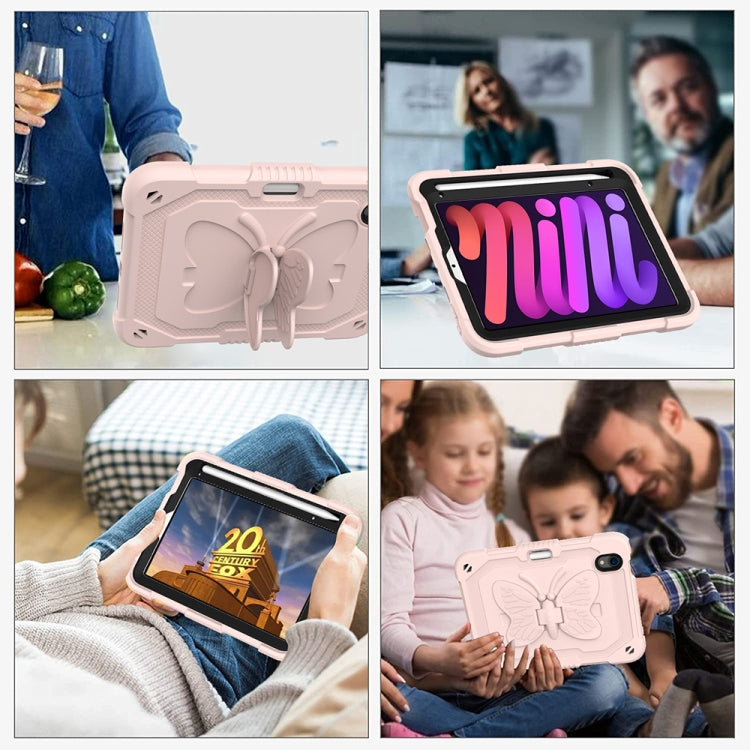 For iPad mini 6 / mini 2024 Pure Color PC + Silicone Anti-drop Protective Tablet Case with Butterfly Shape Holder & Pen Slot(Rose Pink) - iPad mini 6 Cases by buy2fix | Online Shopping UK | buy2fix