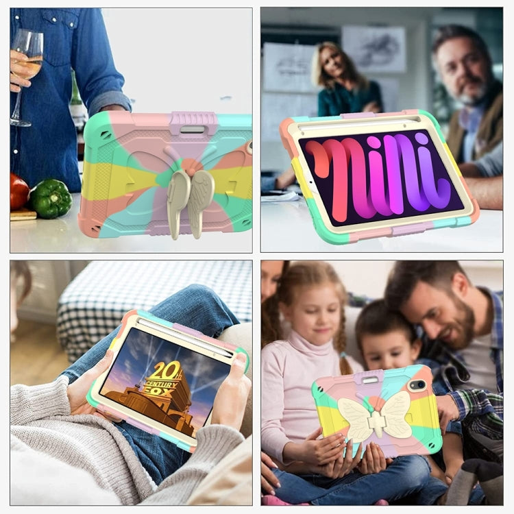For iPad mini 6 / mini 2024 Beige PC + Silicone Anti-drop Protective Tablet Case with Butterfly Shape Holder & Pen Slot(Colorful Rose Gold) - iPad mini 6 Cases by buy2fix | Online Shopping UK | buy2fix
