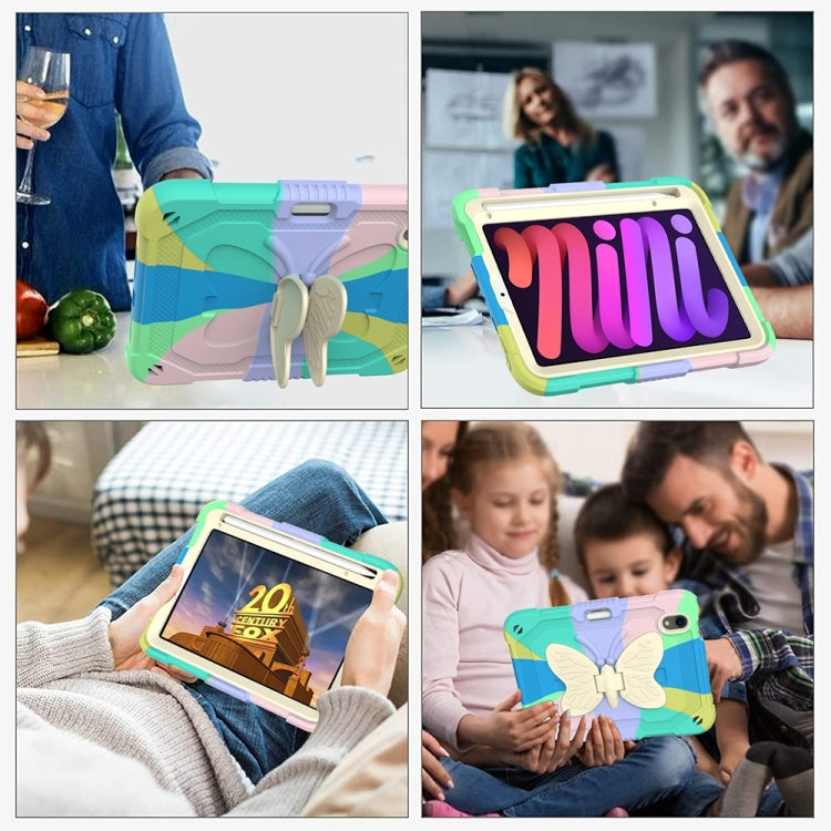 For iPad mini 6 / mini 2024 Beige PC + Silicone Anti-drop Protective Tablet Case with Butterfly Shape Holder & Pen Slot(Colorful Green) - iPad mini 6 Cases by buy2fix | Online Shopping UK | buy2fix