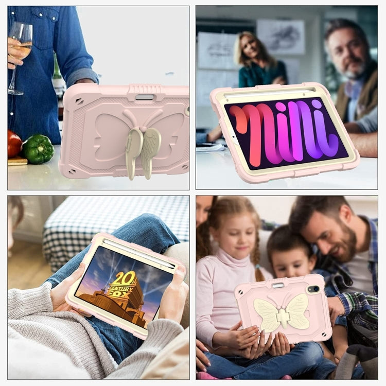 For iPad mini 6 / mini 2024 Beige PC + Silicone Anti-drop Protective Tablet Case with Butterfly Shape Holder & Pen Slot(Beige + Rose Pink) - iPad mini 6 Cases by buy2fix | Online Shopping UK | buy2fix