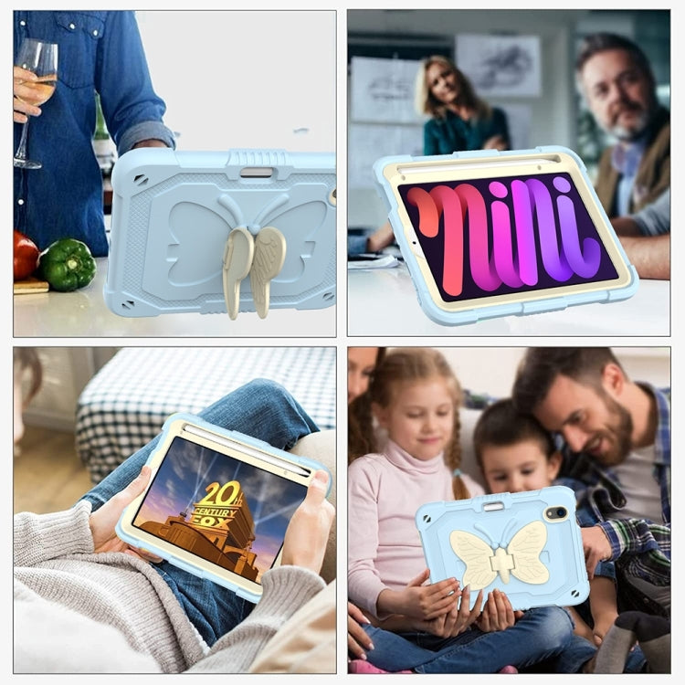 For iPad mini 6 / mini 2024 Beige PC + Silicone Anti-drop Protective Tablet Case with Butterfly Shape Holder & Pen Slot(Beige + Ice Crystal Blue) - iPad mini 6 Cases by buy2fix | Online Shopping UK | buy2fix