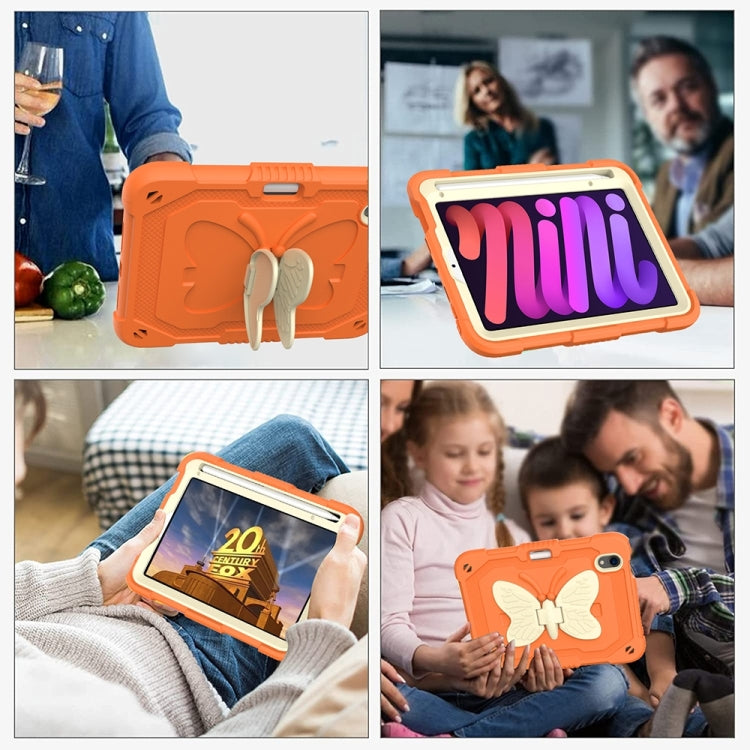 For iPad mini 6 / mini 2024 Beige PC + Silicone Anti-drop Protective Tablet Case with Butterfly Shape Holder & Pen Slot(Beige + Kumquat) - iPad mini 6 Cases by buy2fix | Online Shopping UK | buy2fix