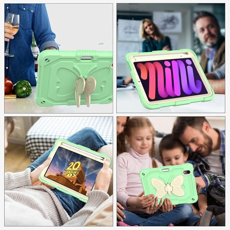 For iPad mini 6 / mini 2024 Beige PC + Silicone Anti-drop Protective Tablet Case with Butterfly Shape Holder & Pen Slot(Beige + Fresh Green) - iPad mini 6 Cases by buy2fix | Online Shopping UK | buy2fix