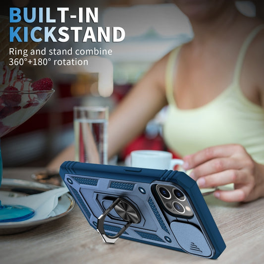 For iPhone 12 Pro Max Sliding Camera Cover Design TPU + PC Protective Case with 360 Degree Rotating Holder & Card Slot(Blue+Blue) by buy2fix