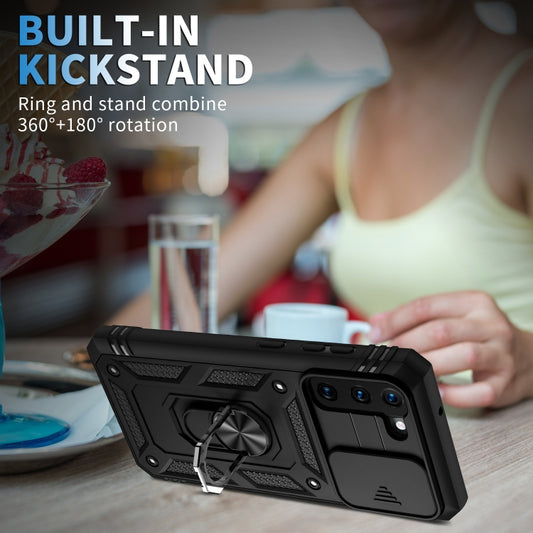 For Samsung Galaxy S21 5G Sliding Camera Cover Design TPU + PC Protective Case with 360 Degree Rotating Holder & Card Slot(Black+Black) by buy2fix