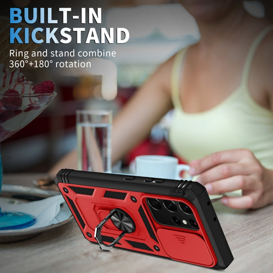 For Samsung Galaxy S21 Ultra 5G Sliding Camera Cover Design TPU + PC Protective Case with 360 Degree Rotating Holder & Card Slot(Red+Black) by buy2fix