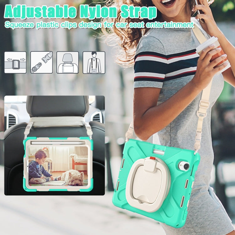 For iPad mini 6 / mini 2024 Heavy Duty Silicone Hybrid PC Tablet Case with Holder & Shoulder Strap(Mint Green) by buy2fix