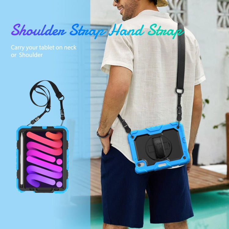 For iPad mini 2024 / mini 6 Shockproof Silicone + PC Protective Tablet Case with Holder & Shoulder Strap & Pen Slot(Black + Light Blue) - iPad mini 6 Cases by buy2fix | Online Shopping UK | buy2fix