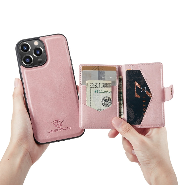 For iPhone 13 JEEHOOD Retro Magnetic Detachable Protective Case with Wallet & Card Slot & Holder(Pink) by JEEHOOD