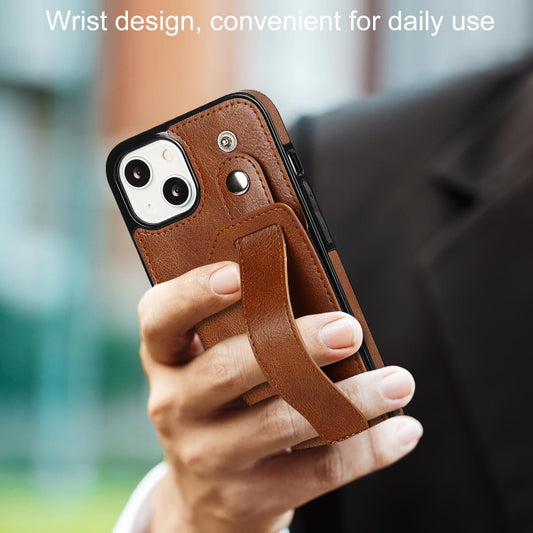 For iPhone 13 mini Crazy Horse Texture Shockproof TPU + PU Leather Case with Card Slot & Wrist Strap Holder (Brown) by buy2fix