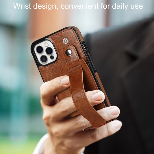 For iPhone 12 Pro Max Crazy Horse Texture Shockproof TPU + PU Leather Case with Card Slot & Wrist Strap Holder(Brown) by buy2fix