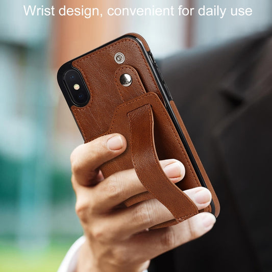 For iPhone X / XS Crazy Horse Texture Shockproof TPU + PU Leather Case with Card Slot & Wrist Strap Holder(Brown) by buy2fix