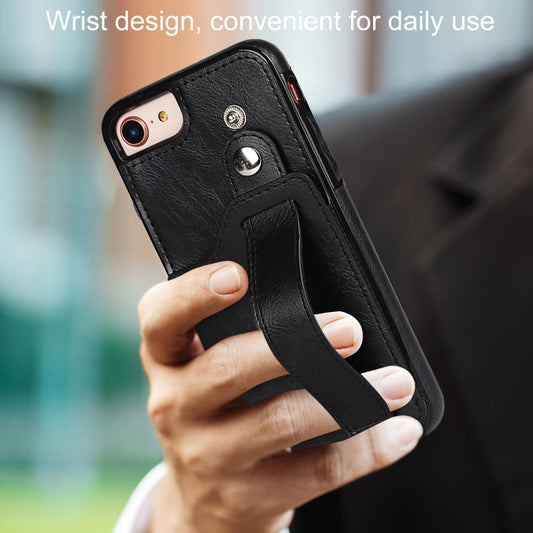 For iPhone SE 2022 / SE 2020 / 8 / 7 Crazy Horse Texture Leather Back Case with Card Slot & Wrist Strap(Black) by buy2fix