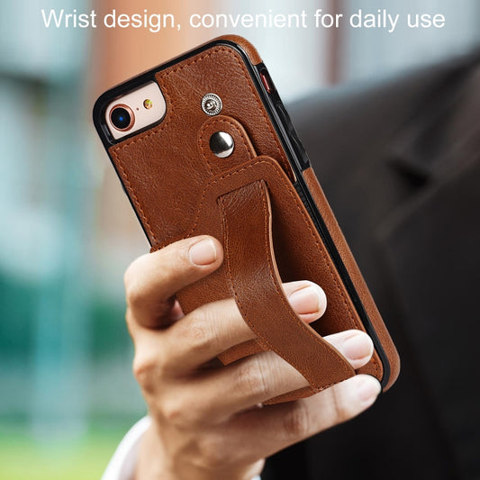 For iPhone SE 2022 / SE 2020 / 8 / 7 Crazy Horse Texture Leather Back Case with Card Slot & Wrist Strap(Brown) by buy2fix