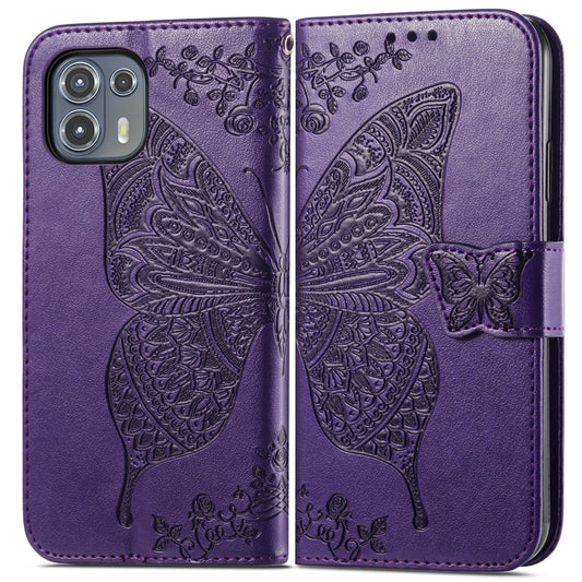 For Motorola Moto Edge 20 Lite Butterfly Love Flower Embossed Horizontal Flip Leather Case with Holder & Card Slots & Wallet & Lanyard(Dark Purple) by buy2fix