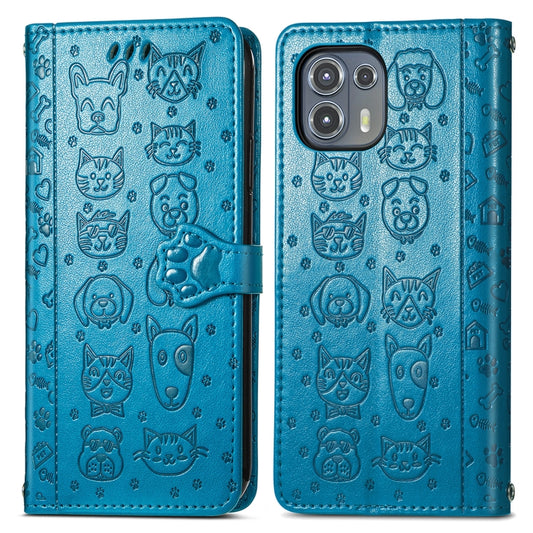 For Motorola Moto Edge 20 Lite Lovely Cat and Dog Embossing Pattern Horizontal Flip Leather Case , with Holder & Card Slots & Wallet & Cartoon Clasp & Lanyard(Blue) by buy2fix