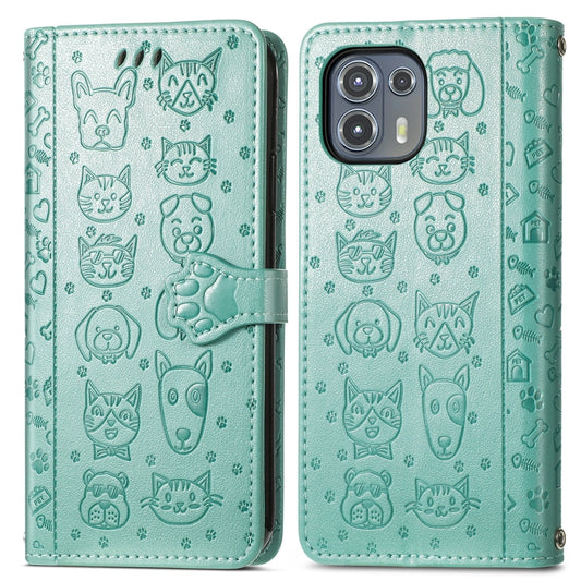 For Motorola Moto Edge 20 Lite Lovely Cat and Dog Embossing Pattern Horizontal Flip Leather Case , with Holder & Card Slots & Wallet & Cartoon Clasp & Lanyard(Green) by buy2fix