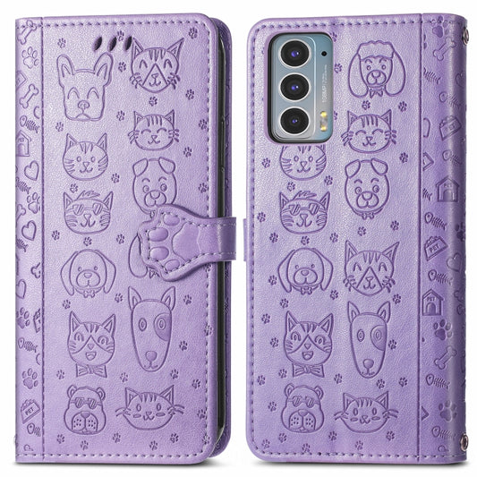 For Motorola Moto Edge 20 Lovely Cat and Dog Embossing Pattern Horizontal Flip Leather Case , with Holder & Card Slots & Wallet & Cartoon Clasp & Lanyard(Purple) by buy2fix