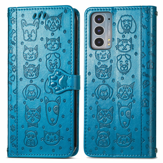 For Motorola Moto Edge 20 Lovely Cat and Dog Embossing Pattern Horizontal Flip Leather Case , with Holder & Card Slots & Wallet & Cartoon Clasp & Lanyard(Blue) by buy2fix
