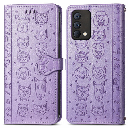 For OPPO Realme GT Master Lovely Cat and Dog Embossing Pattern Horizontal Flip Leather Case , with Holder & Card Slots & Wallet & Cartoon Clasp & Lanyard(Purple) by buy2fix
