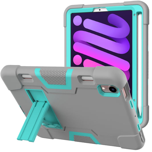 For iPad mini 2024 / mini 6 Contrast Color Robot Shockproof Silicone + PC Protective Tablet Case with Holder & Pen Slot(Grey Mint Green) - iPad mini 6 Cases by buy2fix | Online Shopping UK | buy2fix