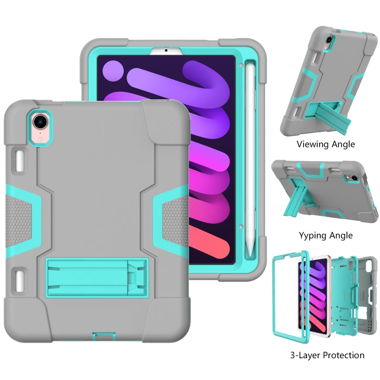 For iPad mini 2024 / mini 6 Contrast Color Robot Shockproof Silicone + PC Protective Tablet Case with Holder & Pen Slot(Grey Mint Green) - iPad mini 6 Cases by buy2fix | Online Shopping UK | buy2fix